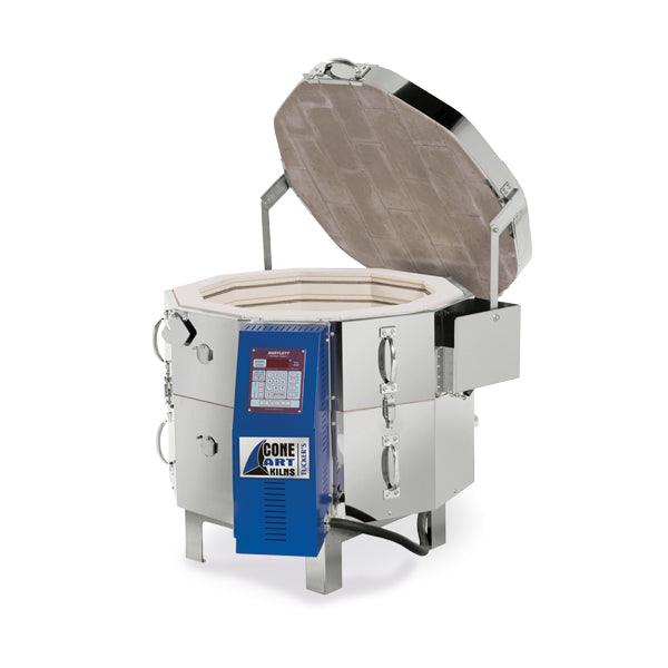 Tucker's Cone Art 2318D Kiln: 4.7 cu ft, double insulated, Kanthal A-1 elements, 208/240V, 50A, Bartlett 2-zone controller, 18" deep. Amaranth Stoneware Canada.