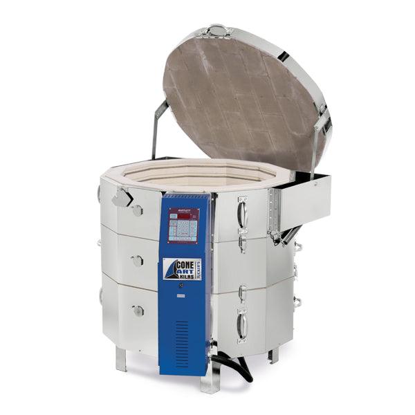 Tucker's Cone Art 2827D Kiln: 10 cu ft, double wall, Kanthal A-1 elements, 3-zone Bartlett controller, lid lifter, 208/240V, 80/90 Amp breaker. Amaranth Stoneware Canada.