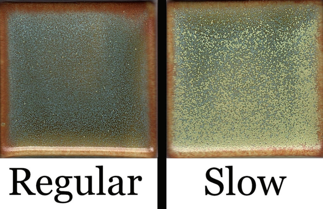 Aries glaze, shimmering green with brown tones and crystal growth when slow-cooled. Regular vs slow cooled. Amaranth Stoneware Canada