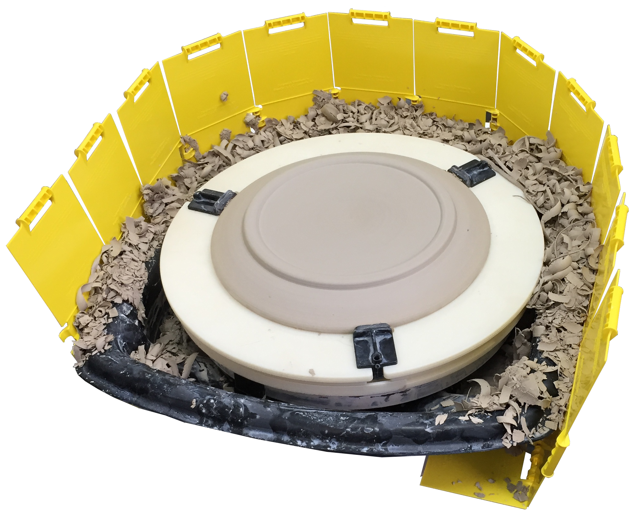 Wiziwig Clay Shield snaps together to form a large shield around your wheel, capturing all trimmings. Amaranth Stoneware Canada.