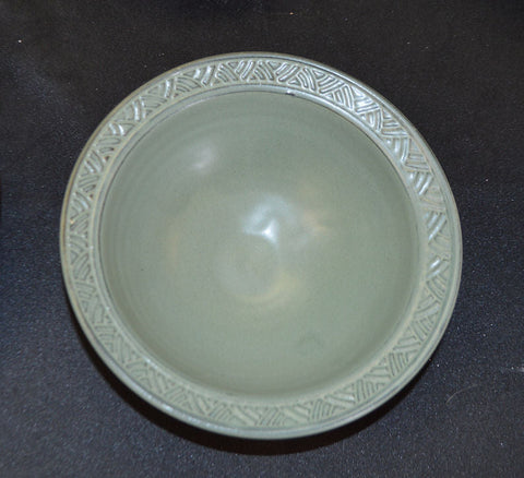 Stony greyish green glaze, featuring a hard surface and cool satin finish, perfect for both inside and outside of dishes. Amaranth Stoneware Canada.