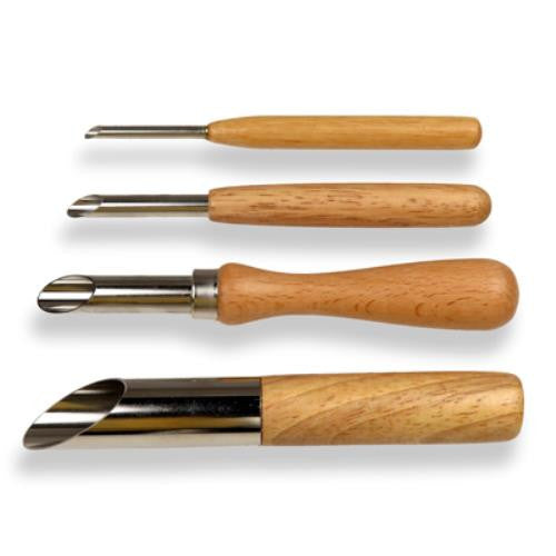 This hole cutter set with hardwood handles and plated metal cutters creates consistent holes in teapots and soft to leather-hard clay. Sizes: 7/8", 1/2", 5/16", 1/4". Tools are 5.5" to 6.5" long. Amaranth Stoneware Canada.