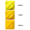 Intense Yellow Velvet Underglaze is a bright pineapple color, vivid at Cone 05, deepening at Cone 5, and intense at Cone 10. Clear glaze enhances. Amaranth Stoneware Canada.