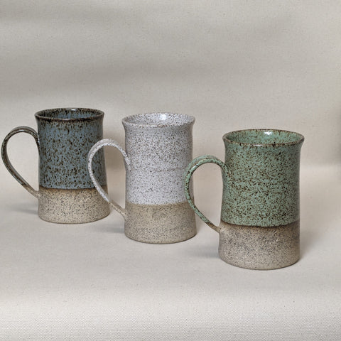 Practical Bee mugs: speckled tan clay, farmhouse-inspired glazes, microwave/dishwasher safe, 4.5
