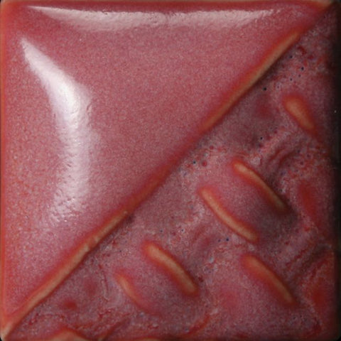 Raspberry Mist gloss, semi-opaque glaze with dark and light pink shades at Cone 6; thicker coats create more homogenous color.
At Cone 10: Color darkens to deep red. Amaranth Stoneware Canada.
