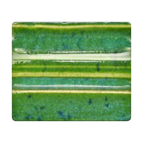 Spectrum 1140 Textured Kiwi Fruit glaze, a cone 4/6 green glaze with speckles, is brighter on white clay than darker clays. Amaranth Stoneware Canada.