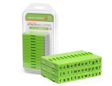 Xiem attachable lowercase letters snap together for precise, straight stamped words or phrases. Ideal for ink, paint, clay, and underglazes. Set includes 36 letters. Each stamp: 3/8