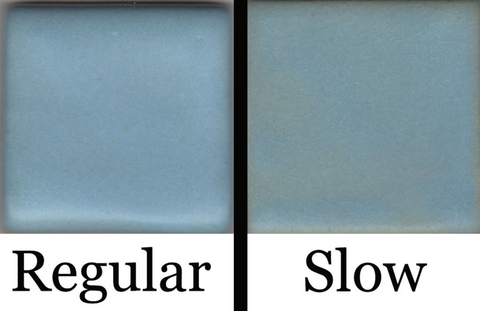 Baby Blue Satin glaze, bright blue with a smooth, warm finish, regular vs slow. Amaranth Stoneware Canada. 