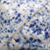 Cone 6: White semi-matte glaze with blue crystals creating blooms, resembling 19th-century enamelware; crystals fade at Cone 10. Amaranth Stoneware Canada.