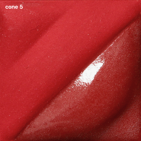 Bright Red Velvet Underglaze is a vivid crimson at cone 05, deepens to a rich cherry red at cone 10. Amaranth Stoneware Canada.
