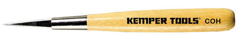 The Kemper COH Cutout Tool has a sharp, double-edged triangular steel blade for cutting and cleaning thick-walled greenware or leather-hard clay. Smooth wooden handle for control. Amaranth Stoneware Canada.