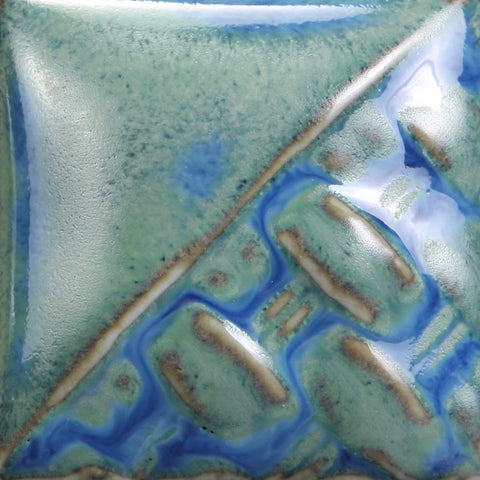 Cone 6: Variegated blue glaze that breaks over texture; finishes semi-gloss with blue/green at Cone 10. Amaranth Stoneware Canada.