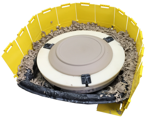 Wiziwig Clay Shield snaps together to form a large shield around your wheel, capturing all trimmings. Amaranth Stoneware Canada.