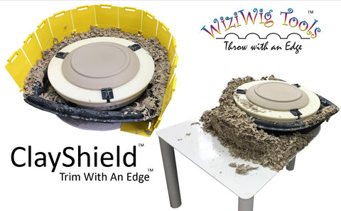 Wiziwig Clay Shield snaps together to form a large shield around your wheel, capturing all trimmings. Amaranth Stoneware Canada.