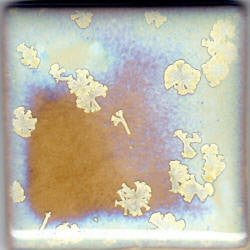 Crystal Nebula glaze, a beautiful translucent finish featuring pale blue tones and gold colored crystals. Amaranth Stoneware Canada.