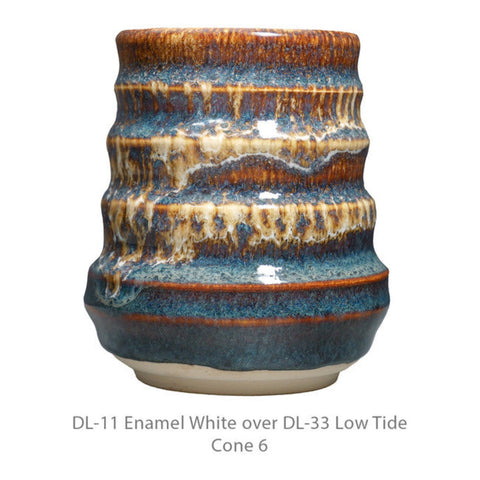 DL-33 Low Tide is a glossy iron glaze, transparent brown where thin and gray-green where thick. Amaranth Stoneware Canada.