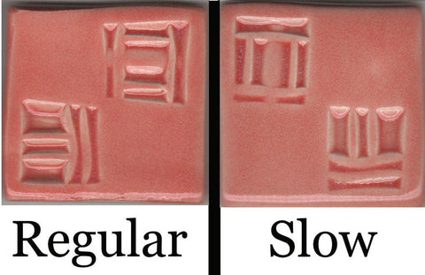 Dusty Rose glaze, a translucent pink that enhances underglaze designs and develops a bluish haze where thickest. 
Regular vs slow cooled. Amaranth Stoneware Canada.