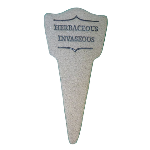 7.5x3-inch handcrafted Comic Latin plant stakes, perfect for witty plant labels. Durable, weatherproof, and fun! Handcrafted in Kingston, Ontario at Amaranth Stoneware.