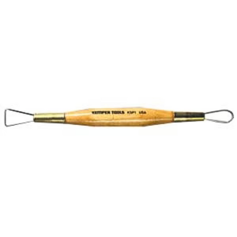 Medium-duty pottery and sculpture tool with sharpened stainless steel bevelled ribbon ends and a hardwood handle. 7