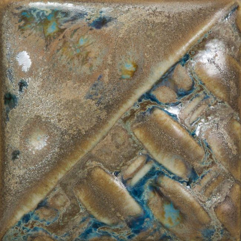 Muddy Waters matte brown glaze with crystals melting into glossy blue at Cone 6; more variation with heavier crystal application. At Cone 10: Blue becomes more prominent. Amaranth Stoneware Canada.