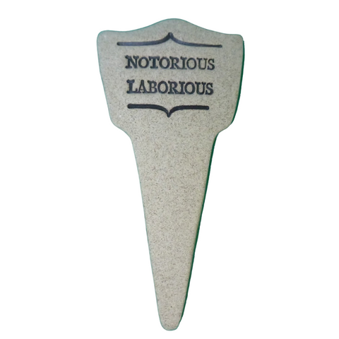 7.5x3-inch handcrafted Comic Latin plant stakes, perfect for witty plant labels. Durable, weatherproof, and fun! Handcrafted in Kingston, Ontario at Amaranth Stoneware.