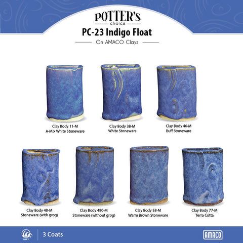 Indigo Float is a rich cobalt blue glaze with lighter blue float, breaking deep blue when thin. Great for layering. Amaranth Stoneware Canada.