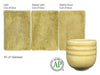 Oatmeal is a toasty, light yellow glaze that is relatively opaque and breaks clear over textured surfaces. Amaranth Stoneware Canada.