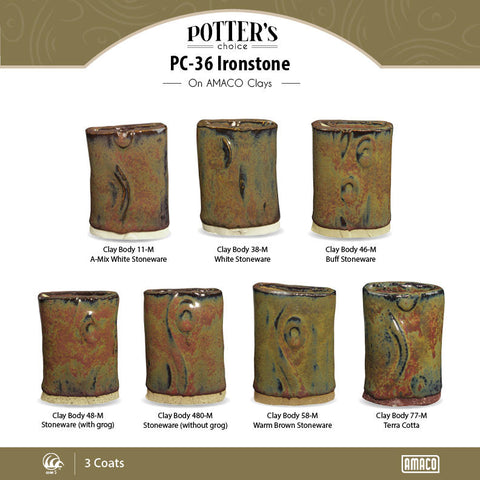 Ironstone is a glossy, dark glaze that is a deep chocolatey brown where thin with a beige-bronze float where thicker.