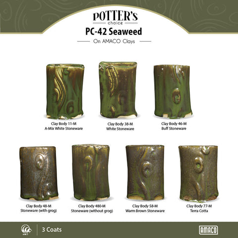 Seaweed is a fluid, deep green glaze that layers beautifully with a variety of Potter's Choice glazes. Amaranth Stoneware Canada.