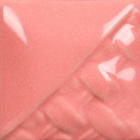 Pink Gloss glossy, opaque medium pink glaze, highly pigmented for stable design work at Cone 6.
At Cone 10: Breaks over texture, remains stable. Amaranth Stoneware Canada.