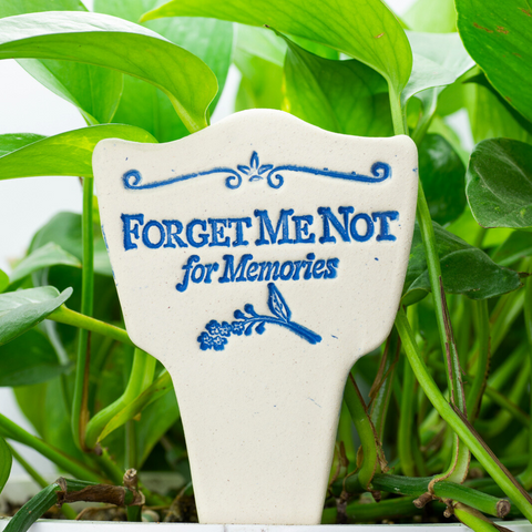 Forget Me Not for memories. Handcrafted 7.5x3-inch Garden Lore stoneware celebrates the timeless legends of plants. Weatherproof and full of charm! Handcrafted in Kingston, Ontario at Amaranth Stoneware.