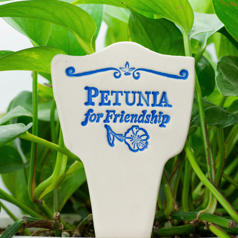 Petunia for friendship. Handcrafted 7.5x3-inch Garden Lore stoneware celebrates the timeless legends of plants. Weatherproof and full of charm! Handcrafted in Kingston, Ontario at Amaranth Stoneware.