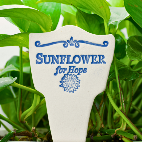 Sunflower for hope. Handcrafted 7.5x3-inch Garden Lore stoneware celebrates the timeless legends of plants. Weatherproof and full of charm! Handcrafted in Kingston, Ontario at Amaranth Stoneware.