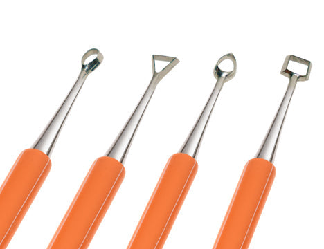 Carving Set (Double-Ended) for delicate carving and detailing. Handcrafted stainless steel with bright orange rubber handles for comfort. Set of 4. Amaranth Stoneware Canada.