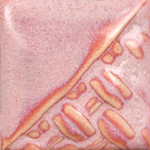 Rose Quartz glossy, opaque, variegated pink glaze at Cone 6; breaks over texture with pastel pink micro-crystallization on vertical surfaces.
At Cone 10: Darkens to dusty rose with red/mauve variegation and white micro-crystallization, breaks mauve grey over texture. Amaranth Stoneware Canada.
