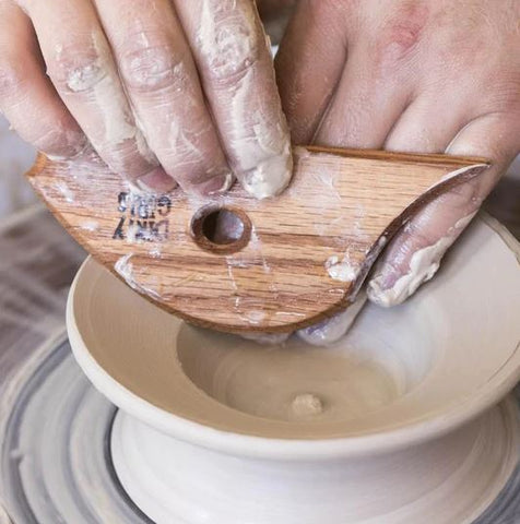 Dirty Girls Rump Shaper Rib profiles feet, shapes rims, and smooths pots with beveled edges. Handmade Red Oak. Amaranth Stoneware Canada.