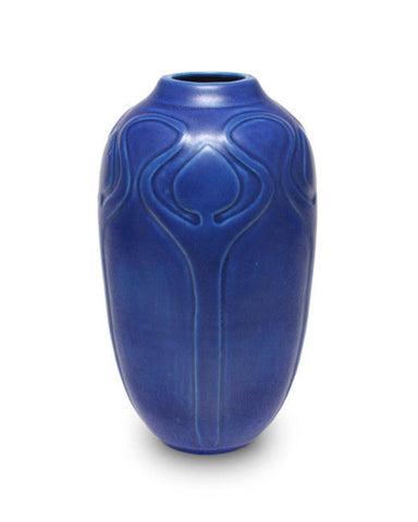 Satin Matte Dark Blue glaze, an opaque, buttery cobalt, enhances textured ware with a classic art deco look. Amaranth Stoneware Canada.