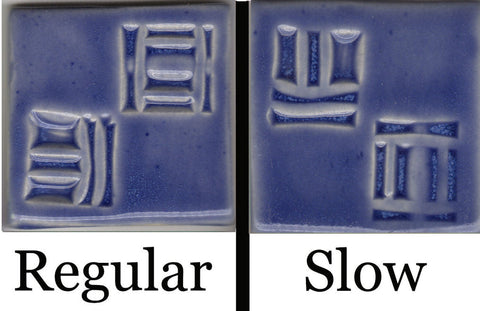 A deep, clear blue that pools darker. Perfectly translucent for details or underglaze. Regular vs slow cooled. Amaranth Stoneware Canada.