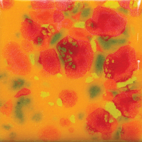 Sassy Orange opaque yellow/orange base glaze with red, green, orange, and yellow crystals at Cone 06; base glaze remains as crystals fade and melt.
At Cone 6: Enhanced mobility, surface issues may occur. Amaranth Stoneware Canada.
