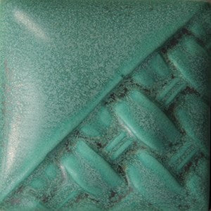Satin Patina rich matte green patina glaze at Cone 6; thicker application creates opaque, homogenous color, thinner shows more clay body.
At Cone 10: Finish flattens, color lightens, brown/orange undertones appear. Amaranth Stoneware Canada.