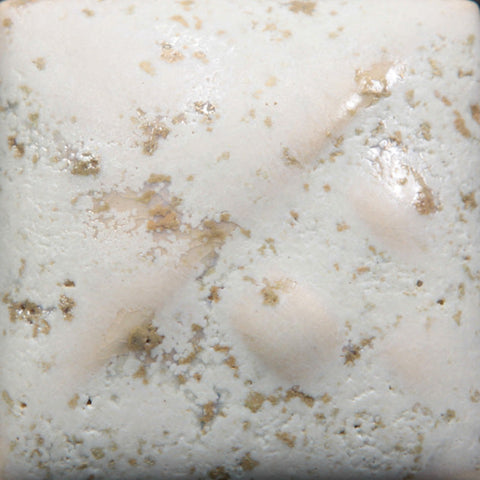 Sea Salt is a white matte glaze with sandy-brown crystals at Cone 6.
At Cone 6: Brownish-tan blooms form, creating a foamy, textured finish. Amaranth Stoneware Canada.
At Cone 10: Base glaze turns pale lavender/gray; crystals are mint green.