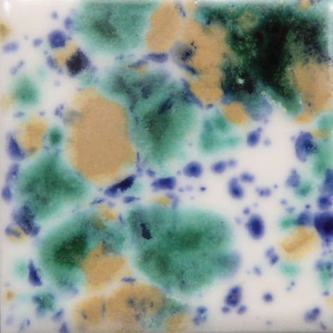 Seawind is an opaque white glaze with green, yellow, and blue crystals at Cone 06.
At Cone 6: Base glaze and crystals fade and melt with enhanced mobility. Surface issues may occur. Amaranth Stoneware Canada.