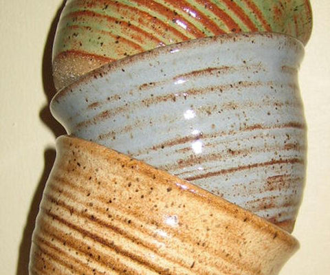 Light Blue Shino breaks to brown where thin, with pale blue in thicker areas. Great over texture. Amaranth Stoneware Canada.