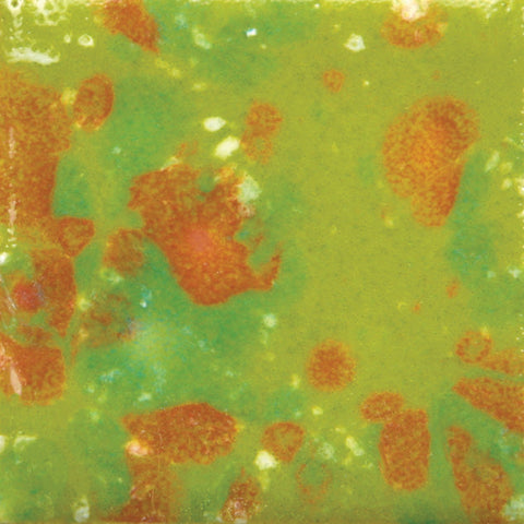 Cone 6: Tree Frog is a translucent, bright green glaze with green, blue, and white crystals.
Cone 10: Base glaze remains – crystals fade and melt. Enhanced mobility. Surface issues may occur. Amaranth Stoneware Canada.