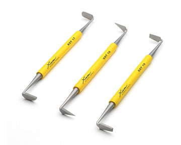 Professional Series: Set with 6 sharp precision trimming blades, double-ended, handcrafted from high-grade tempered stainless steel. Bright yellow rubber handles for secure grip. Set includes 3 tools. Amaranth Stoneware Canada.