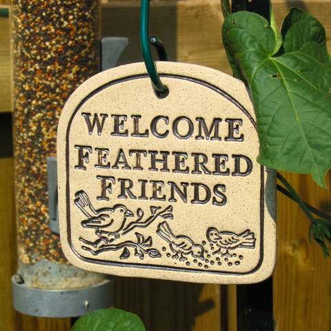 Handcrafted 4x3.5-inch weatherproof stoneware plaques with rustproof 14.5-inch hangers. Handcrafted in Kingston, Ontario at Amaranth Stoneware.