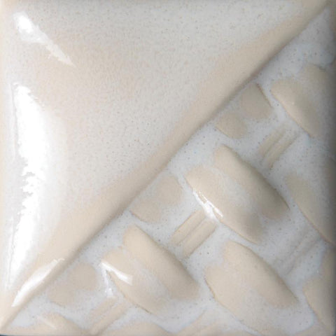 Cone 6: White Opal forms a clear-to-milky white gloss. Layering increases white precipitate, with white to bluish-white pooling over texture.
Cone 10: White variation lessens, leaving a transparent gloss with white pooling. Amaranth Stoneware Canada.